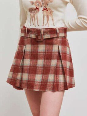 Cider Wool-like High Rise Check Mini Skirt With Belt Size M/6